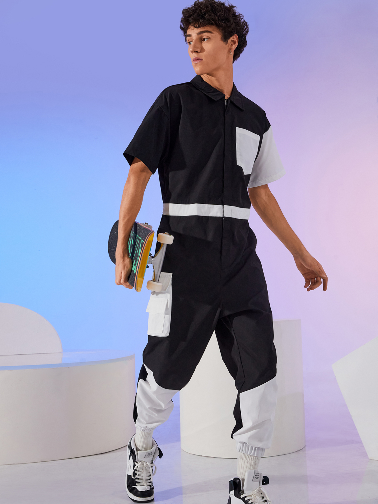 KOYYE Men Fashion Color Block Splicing Short Sleeve Jumpsuit
