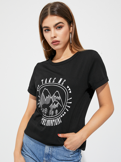 YOINS Stick Figure Landscape Print Crew Neck Short Sleeves Tees