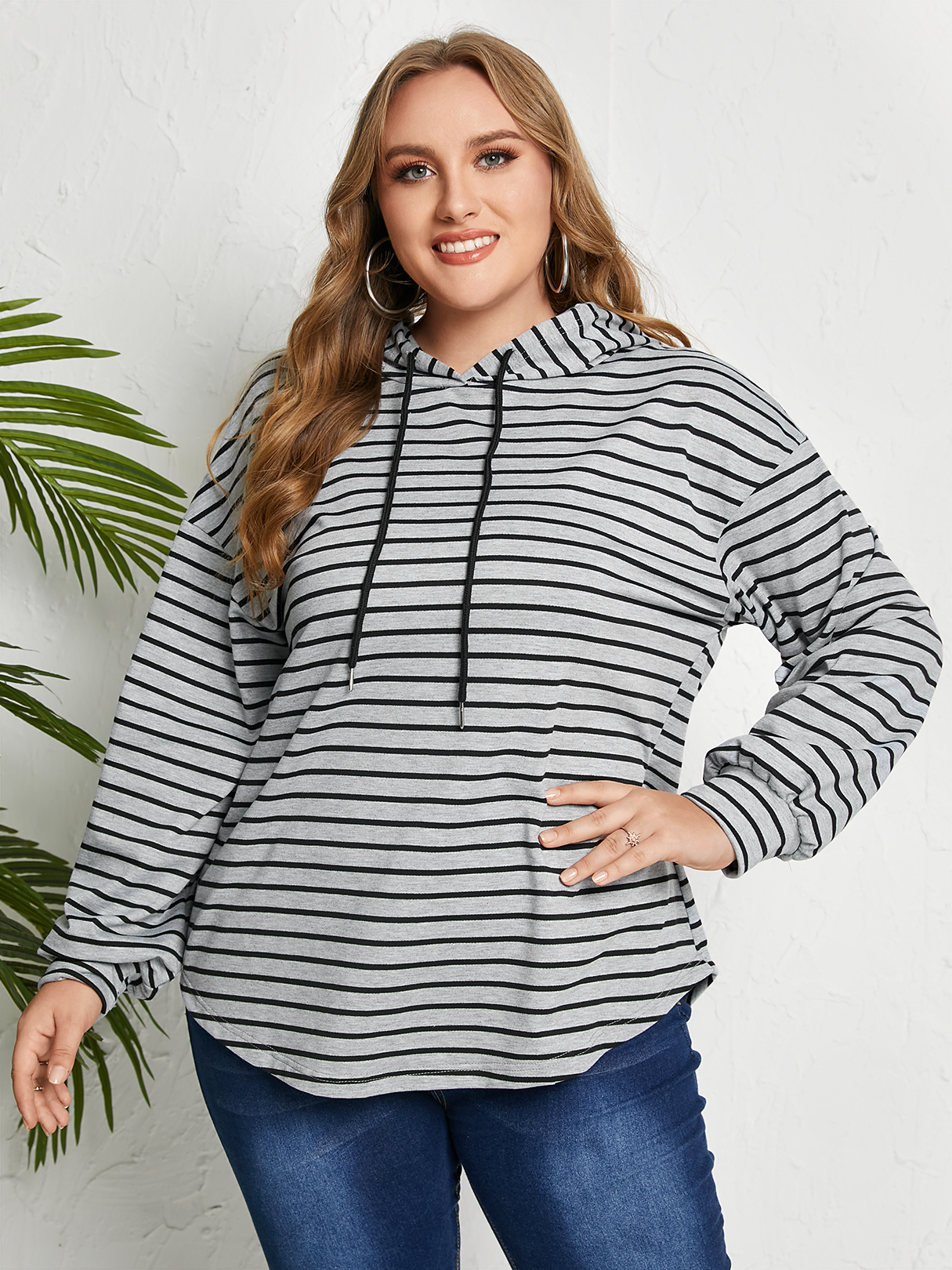 YOINS Plus Size Striped Drawstring Hooded Design Sweatshirt