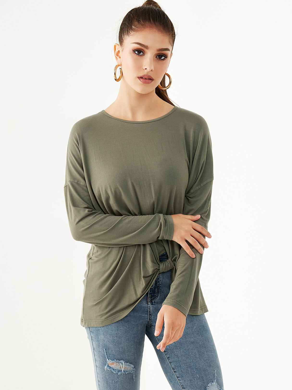 YOINS Green Twisted Long Sleeves Knit Tee