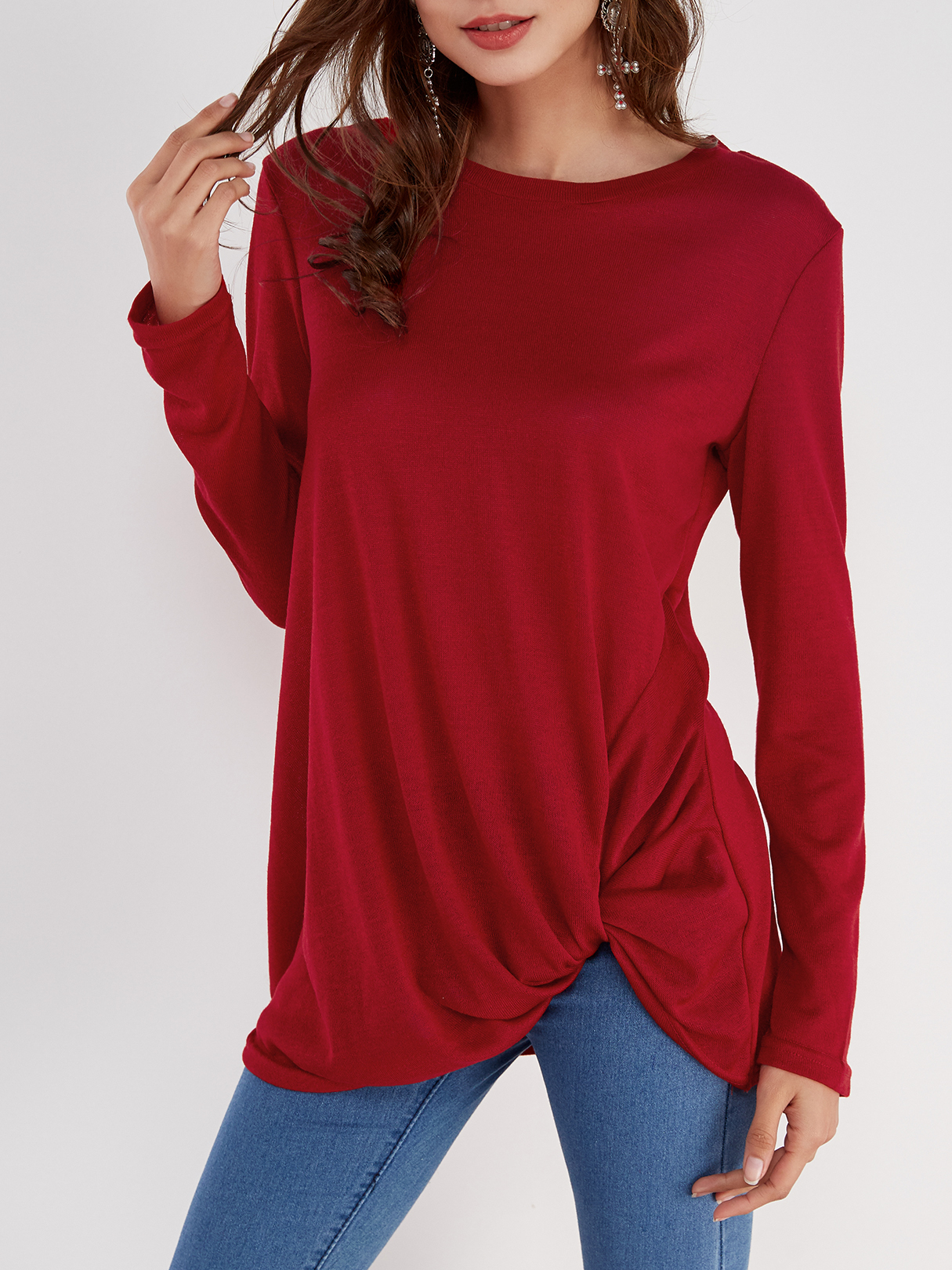 Burgundy Pleated Design Round Neck Long Sleeves T-shirts
