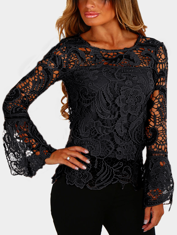Black See-through Lace Details Round Neck Long Sleeves Top