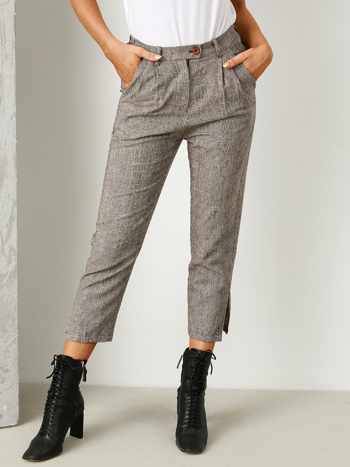 YOINS Brown Plaid Side Pockets Pants