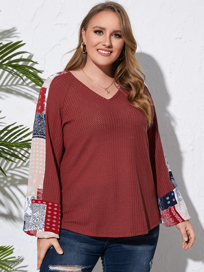 YOINS Plus Size V-neck Tribal Waffle Knit Long Sleeves Sweater