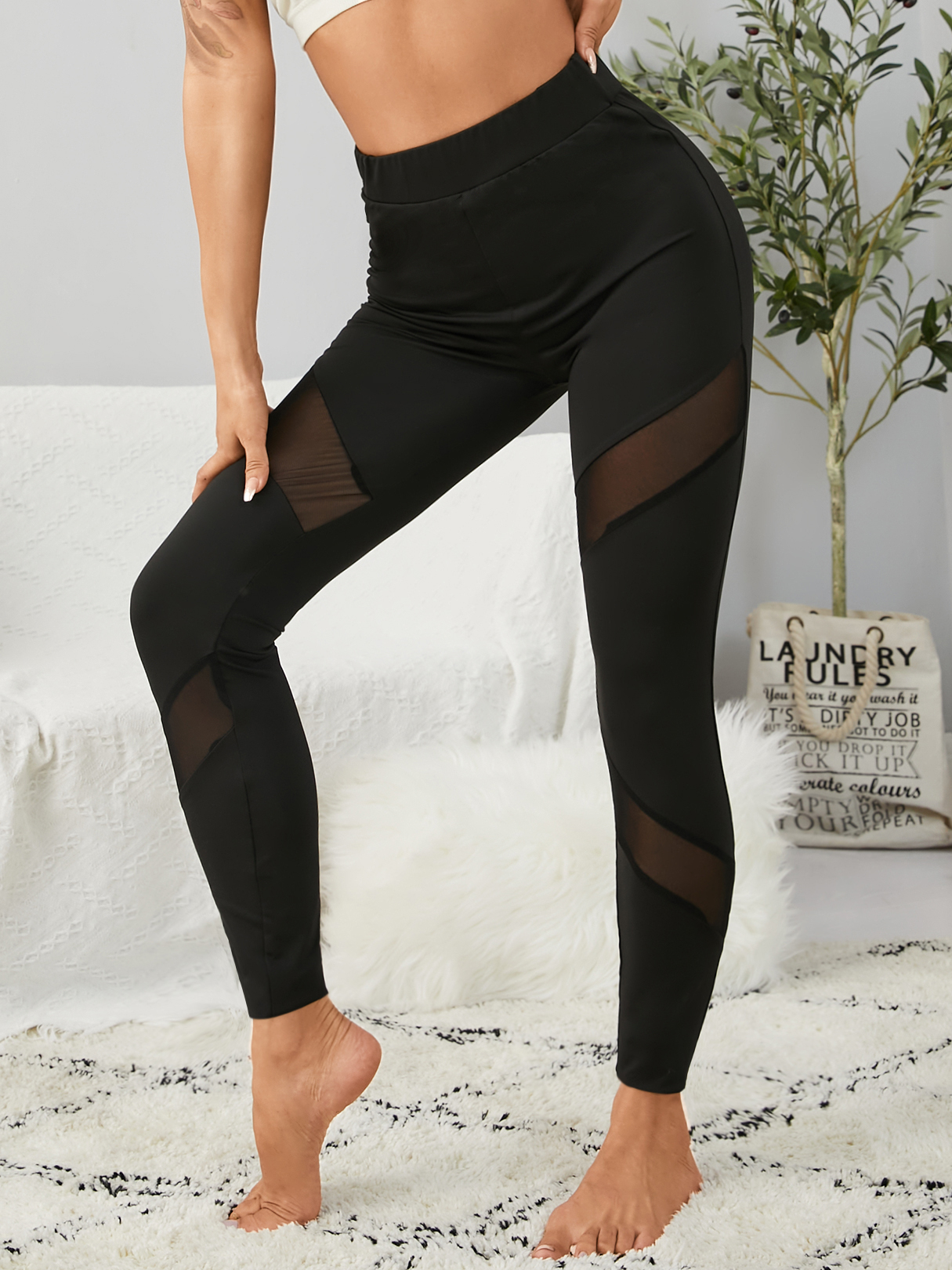 YOINS Black Yoga Pants Quick-drying Mesh Stitching Leggings