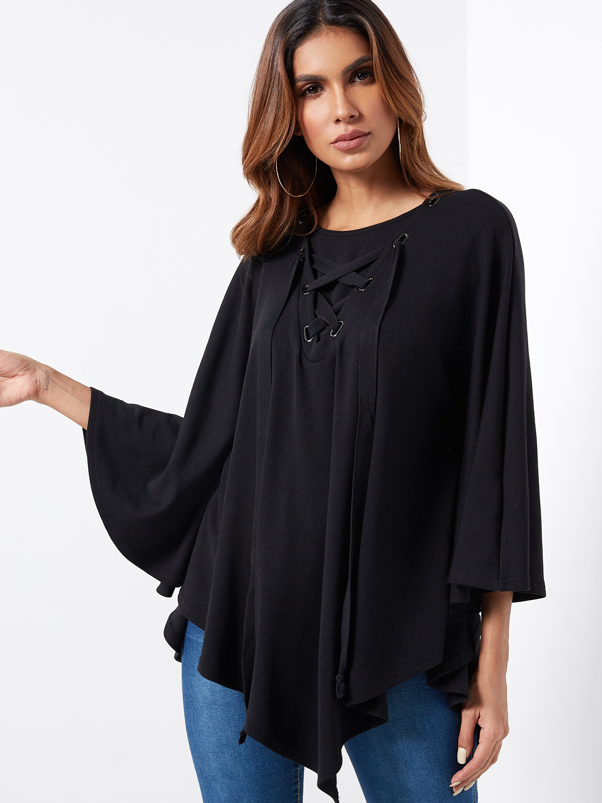 Black Oversize Round Neck Lace-up Front Overlay Cape T-shirts
