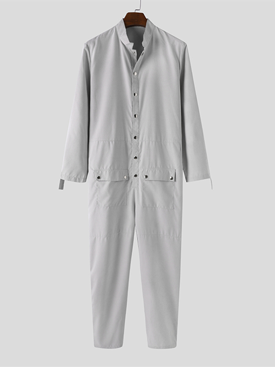 INCERUN Men Long Sleeve Button Front Cargo Overalls Jumpsuit