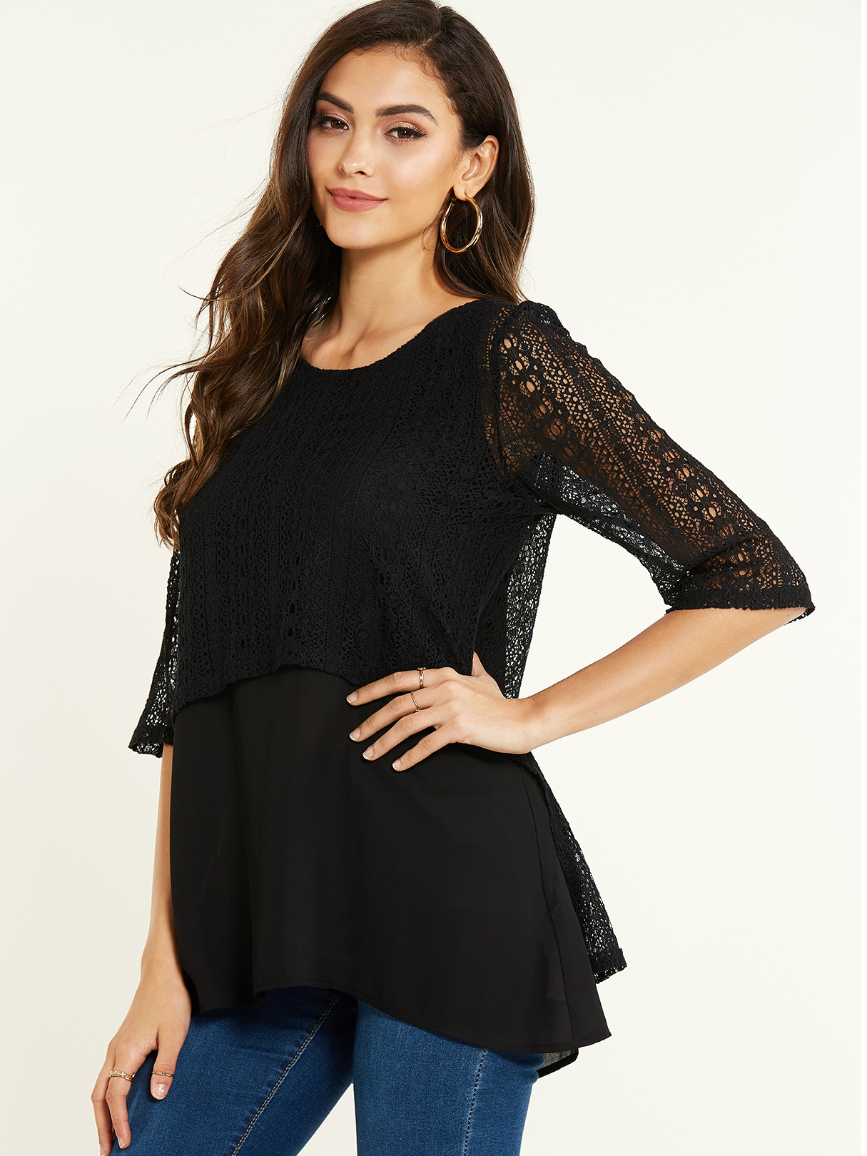 YOINS Black Lace Round Neck Half Sleeves Blouse