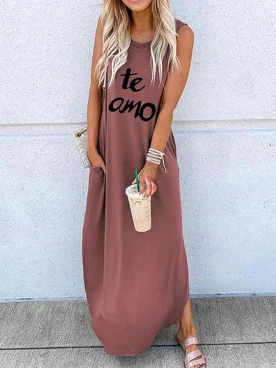 Letter Curved hem Round Neck Sleeveless Maxi Dress