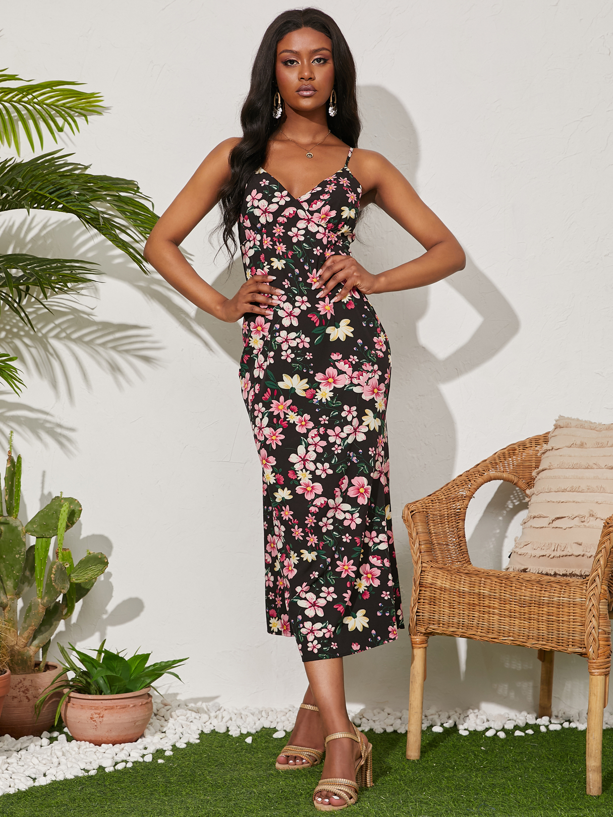 YOINS Floral Print Backless Design Sleeveless Maxi Dress