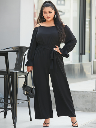 YOINS Plus Size Cold Shoulder Wide Leg Belt Design Long Sleeves Jumpsuit
