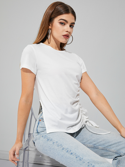 YOINS White Drawstring Side Slit Design Crew Neck Short Sleeves Tee