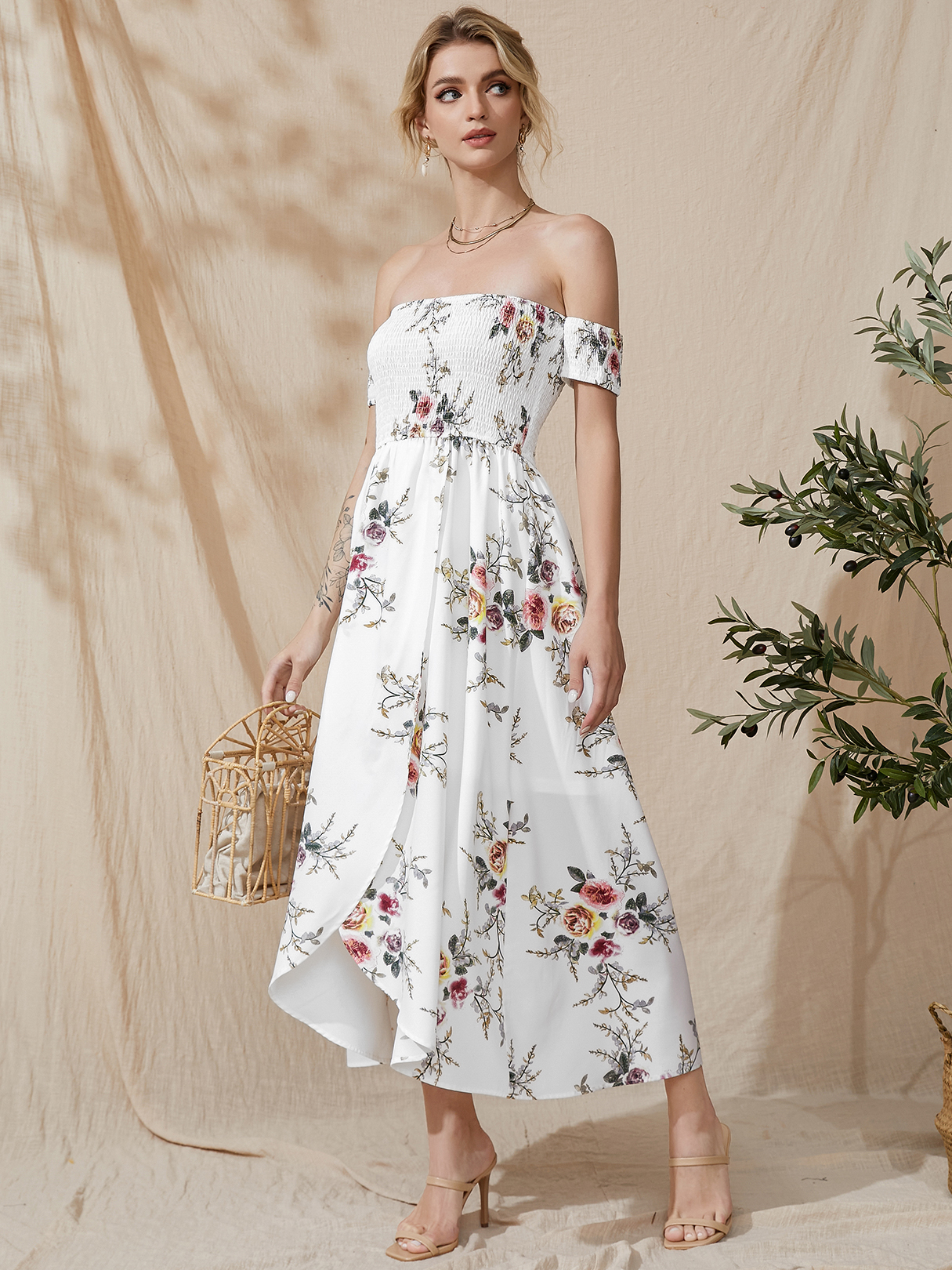 YOINS Off The Shoulder Floral Print Shirring Short Sleeves Maxi Dress