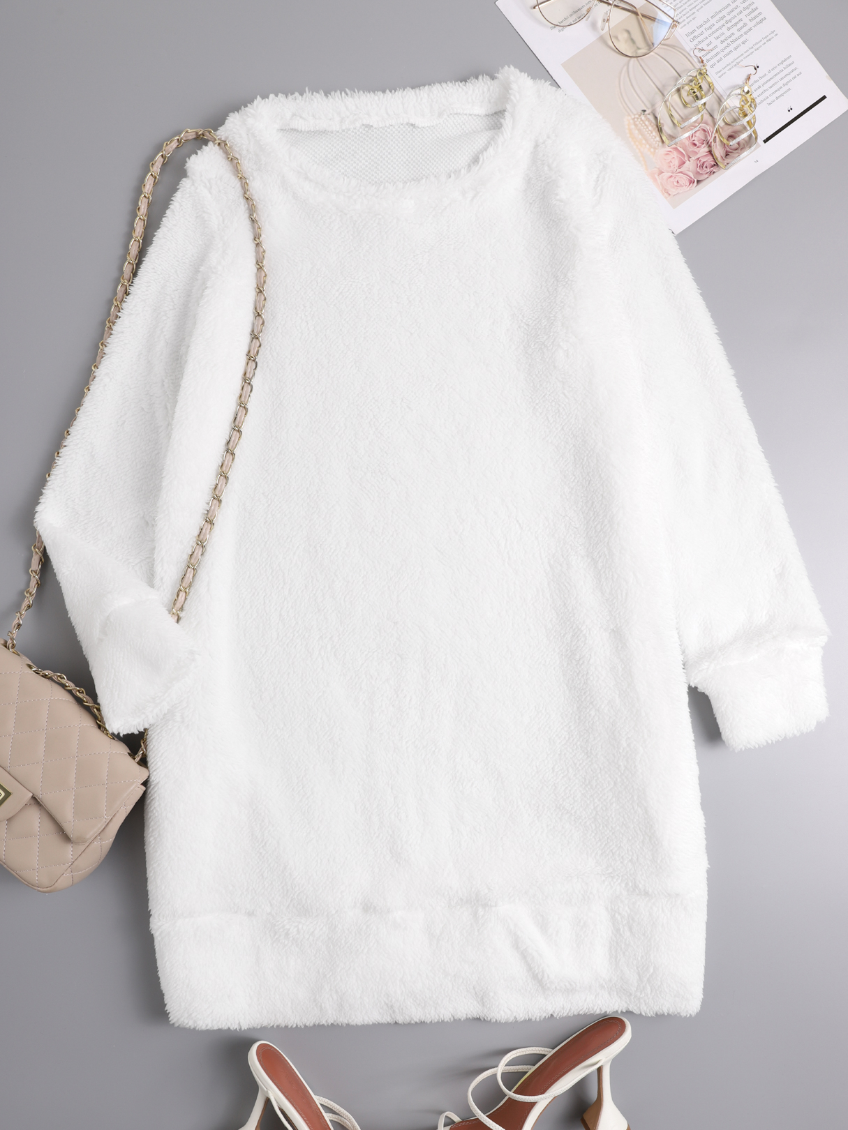 Casual Teddy Side Pockets Round Neck Long sleeves Dress