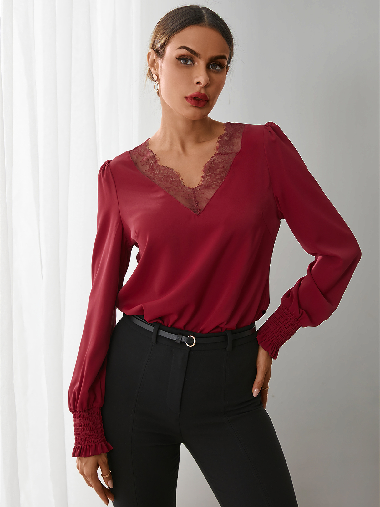 YOINS Lace Trim V-neck Long sleeves Blouse