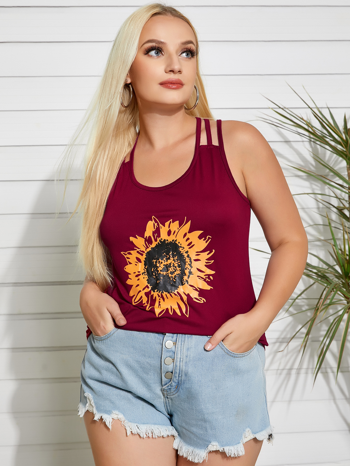 Plus Size Criss-Cross Round Neck Graphic Sleeveless Tank Top