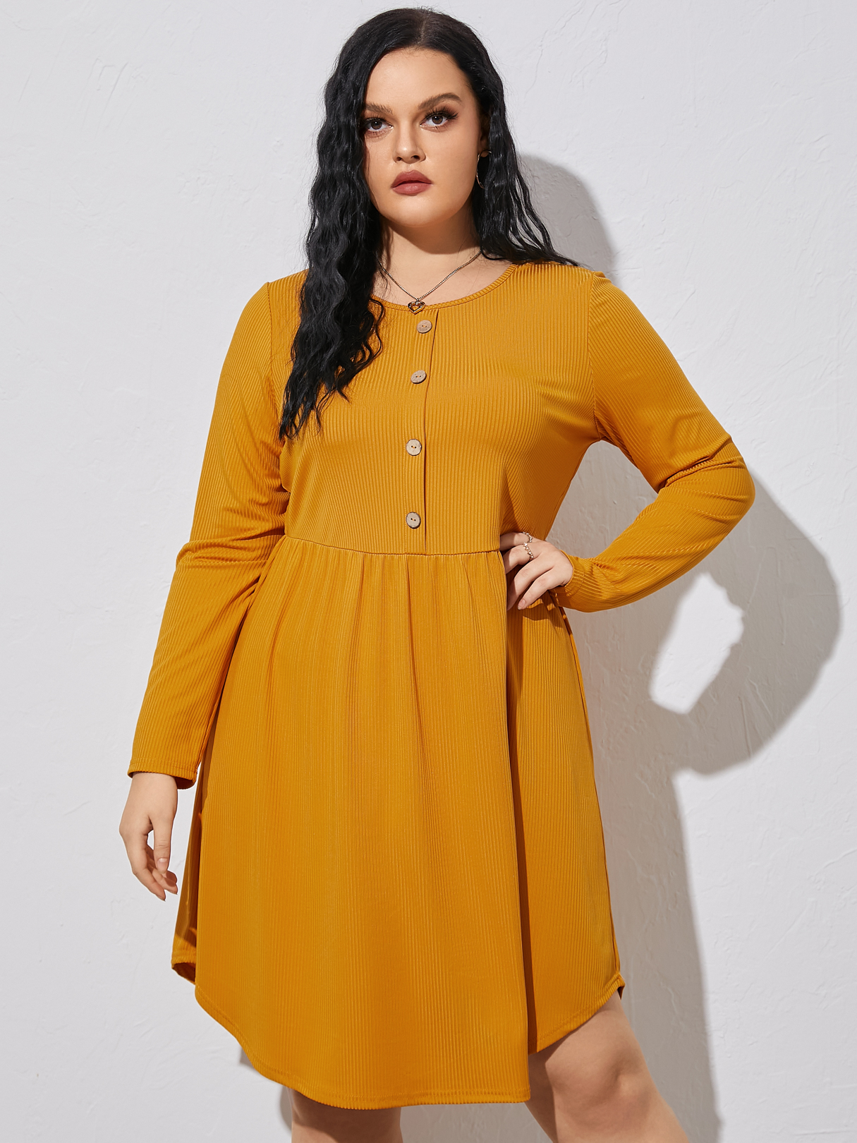 YOINS Plus Size Round Neck Elastic Waist Long Sleeves Dress