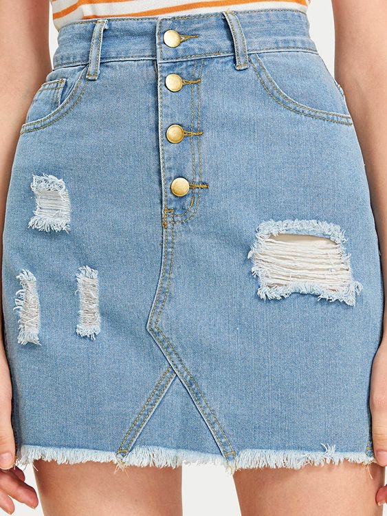 Blue Random Ripped Tassel Hem Denim Mini Skirt