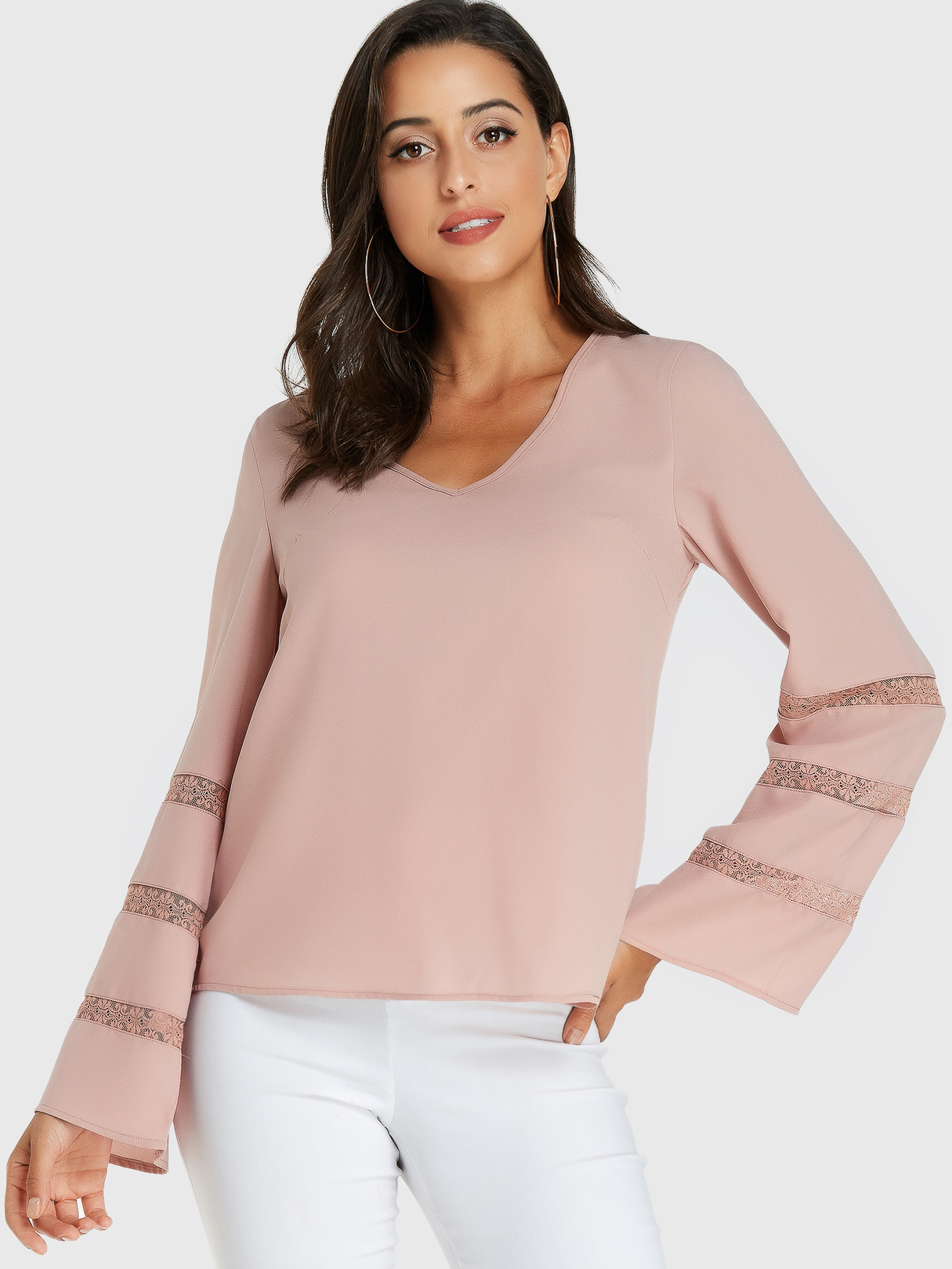 YOINS Pink V-neck Lace Insert Long Sleeves Blouse