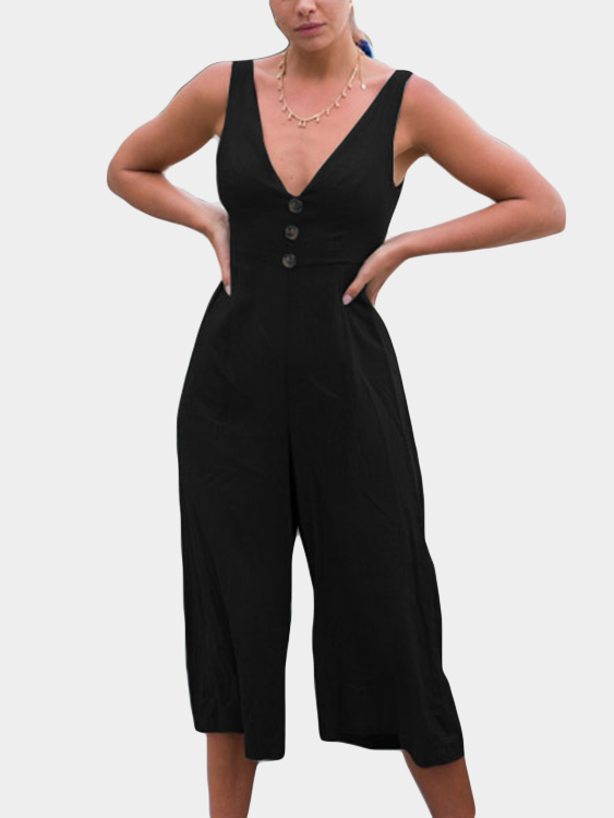 Black Backless Design V-neck Sleeveless Jumpsuit