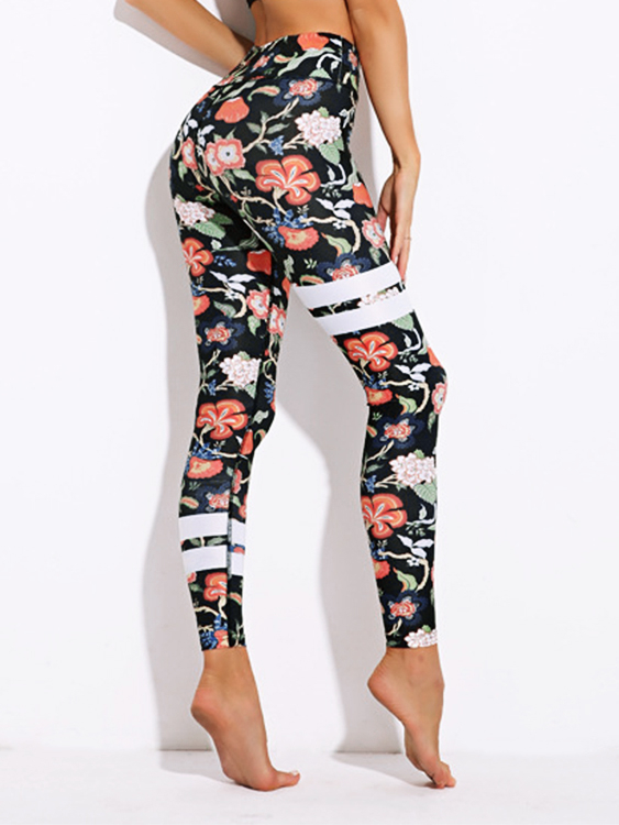 Active Floral Print Quick Drying Gym Leggings in Black