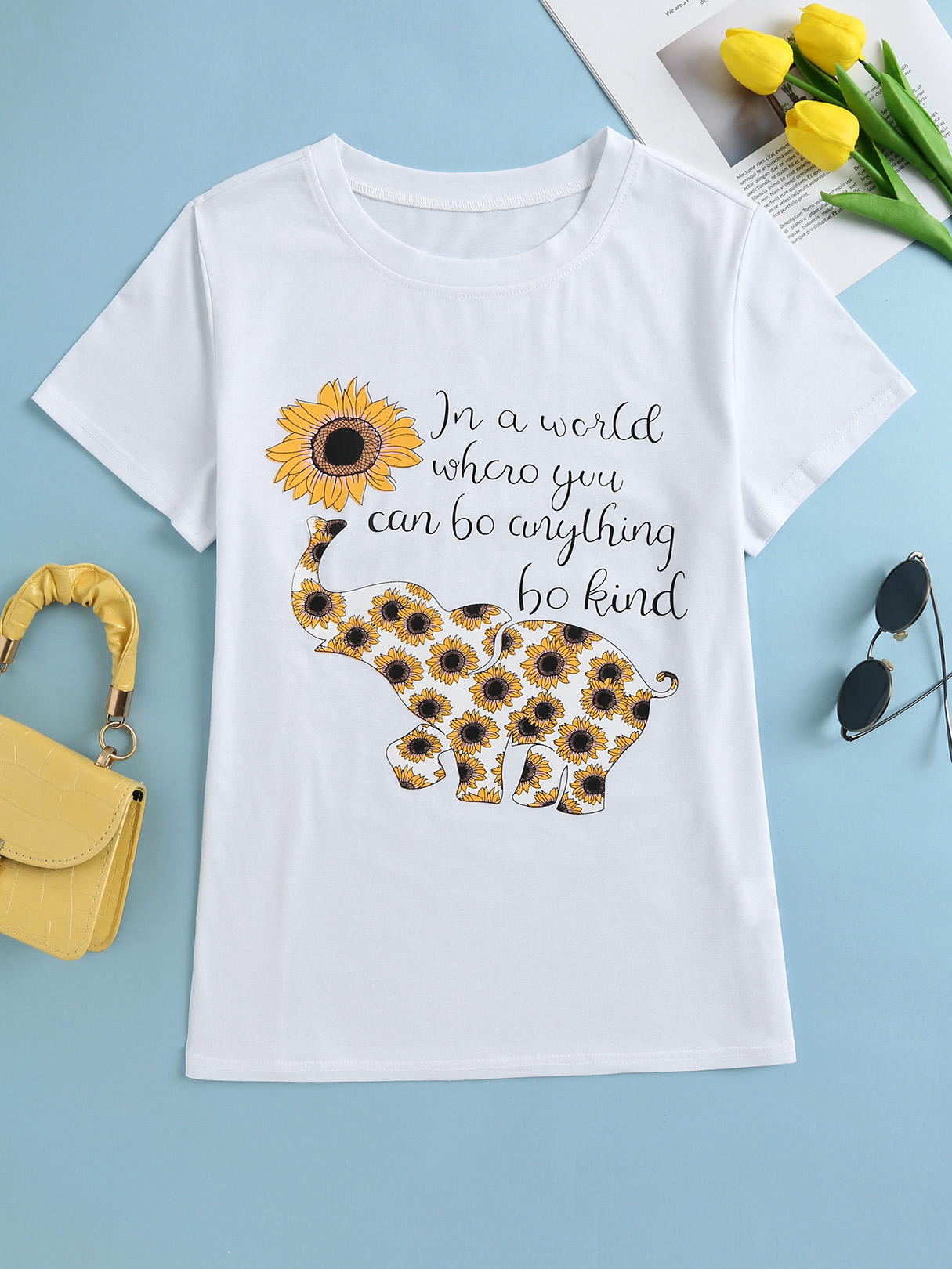 YOINS Sunflower & Letter Crew Neck Short Sleeves Tee