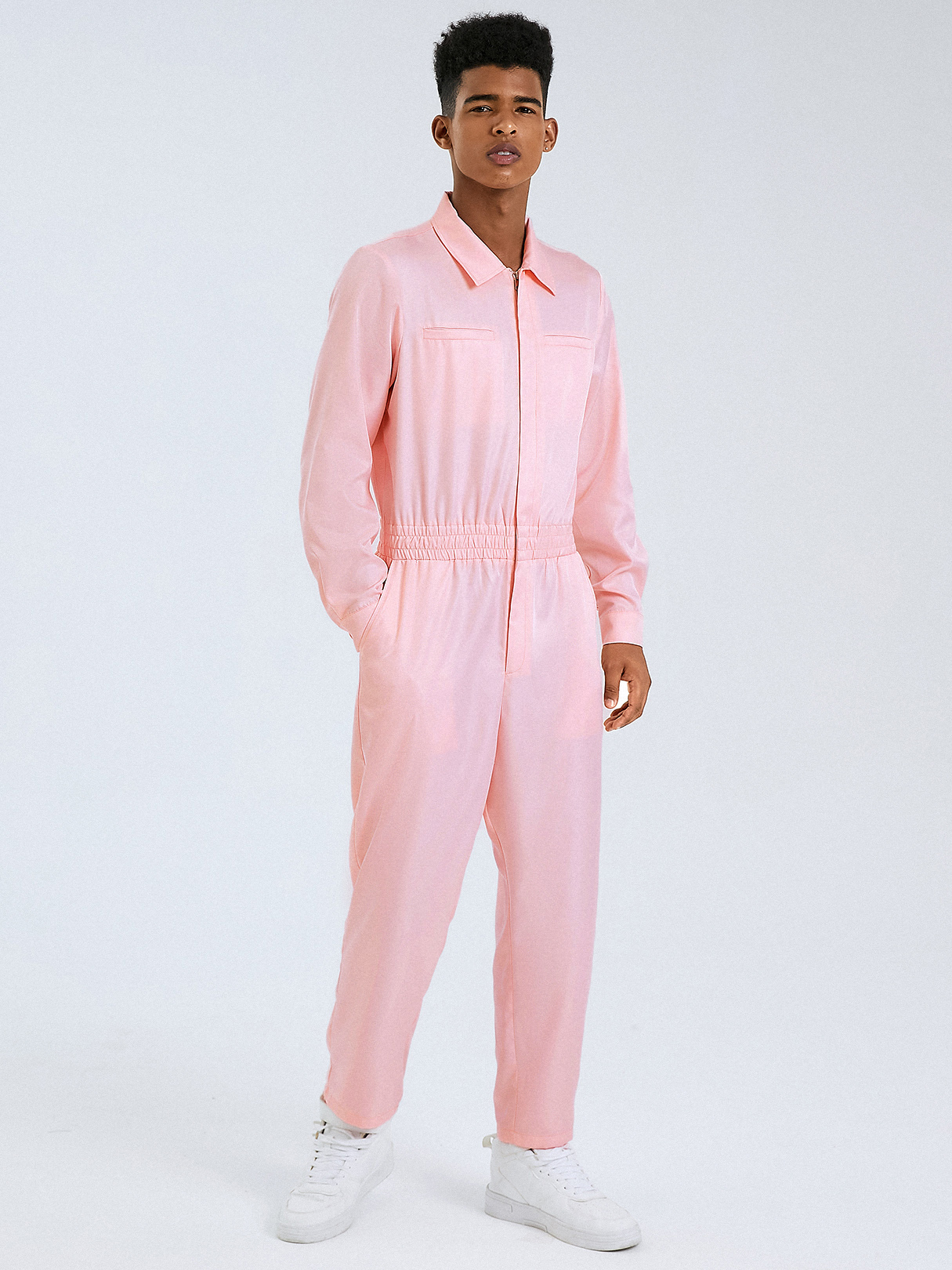 Men Fashion Zip Front Elastic Waist Long Sleeve Overalls Jumpsuit