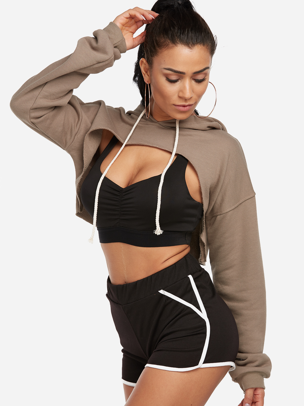 Active Round Neck Cut Out Drawstring Waist Sexy Sports Hoodies in Khaki