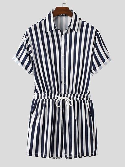 Men Casual Stripe Button Front Short Sleeve Overalls Jumpsuit