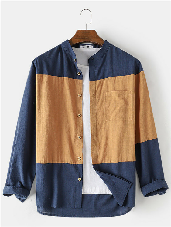 ChArmkpR Men Fashion 100% Cotton Color Block Patchwork Stand Collar Shirt