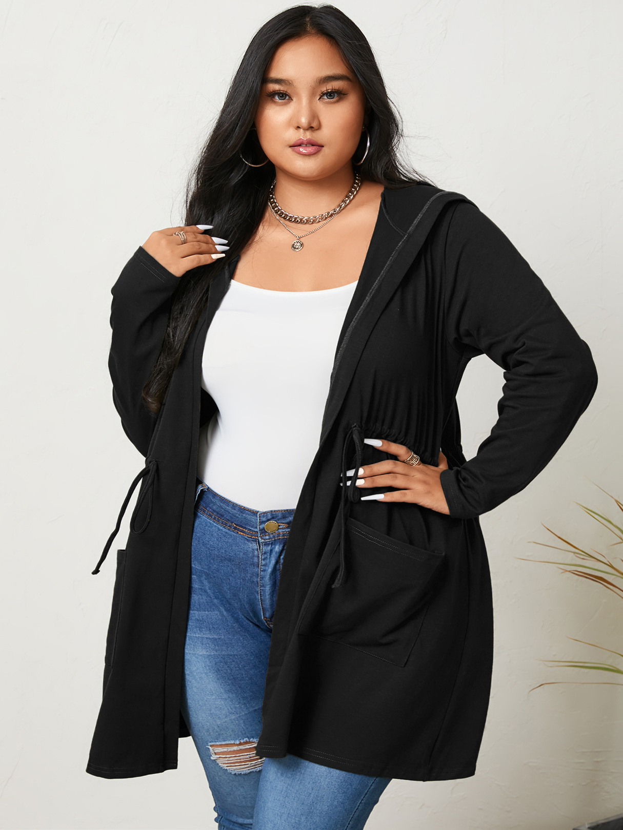 YOINS Plus Size Hooded Design Tie-up Design Long Sleeves Coat
