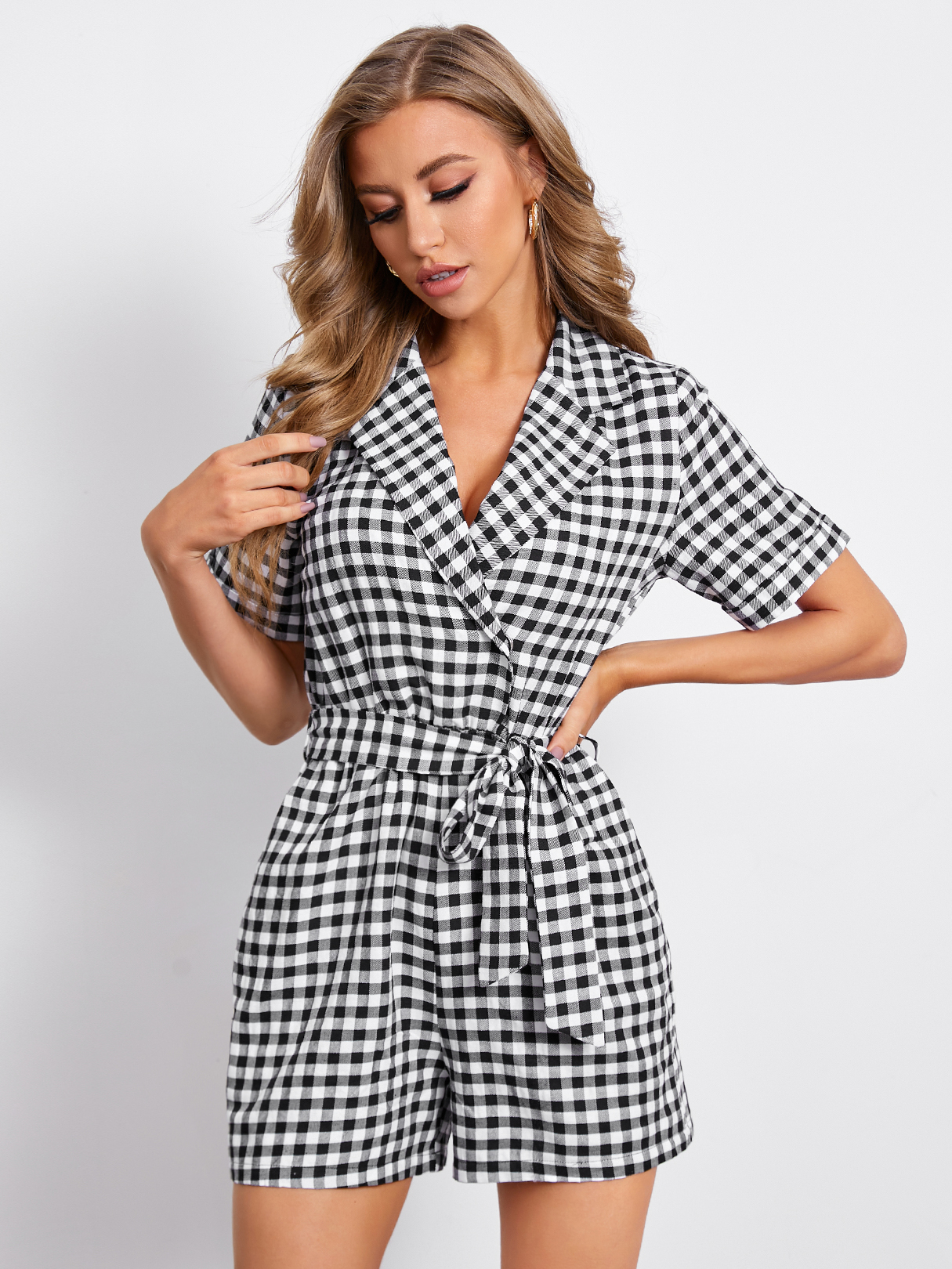 YOINS Black Lapel Collar Plaid Belt Design Short Sleeves Playsuits
