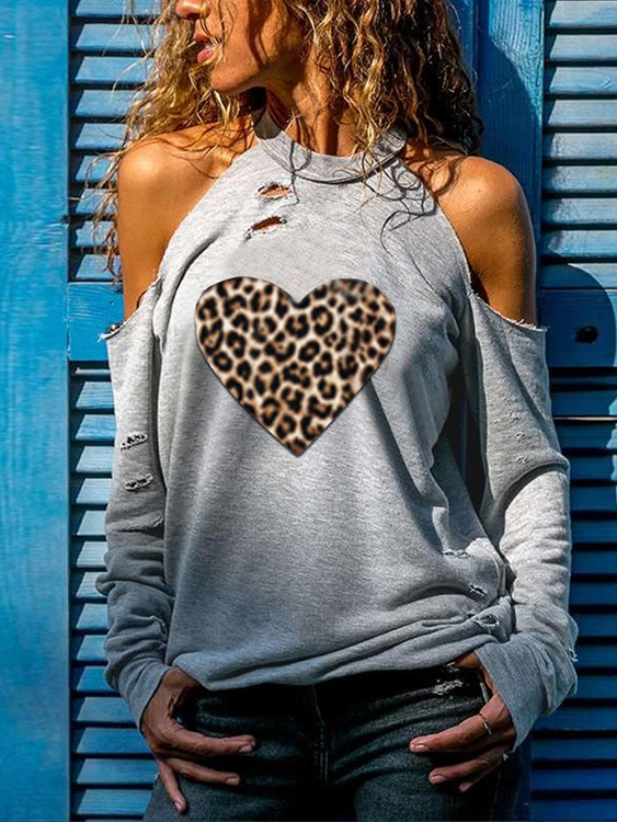 YOINS Grey Leopard Heart Ripped Cold Shoulder Long Sleeves Tee