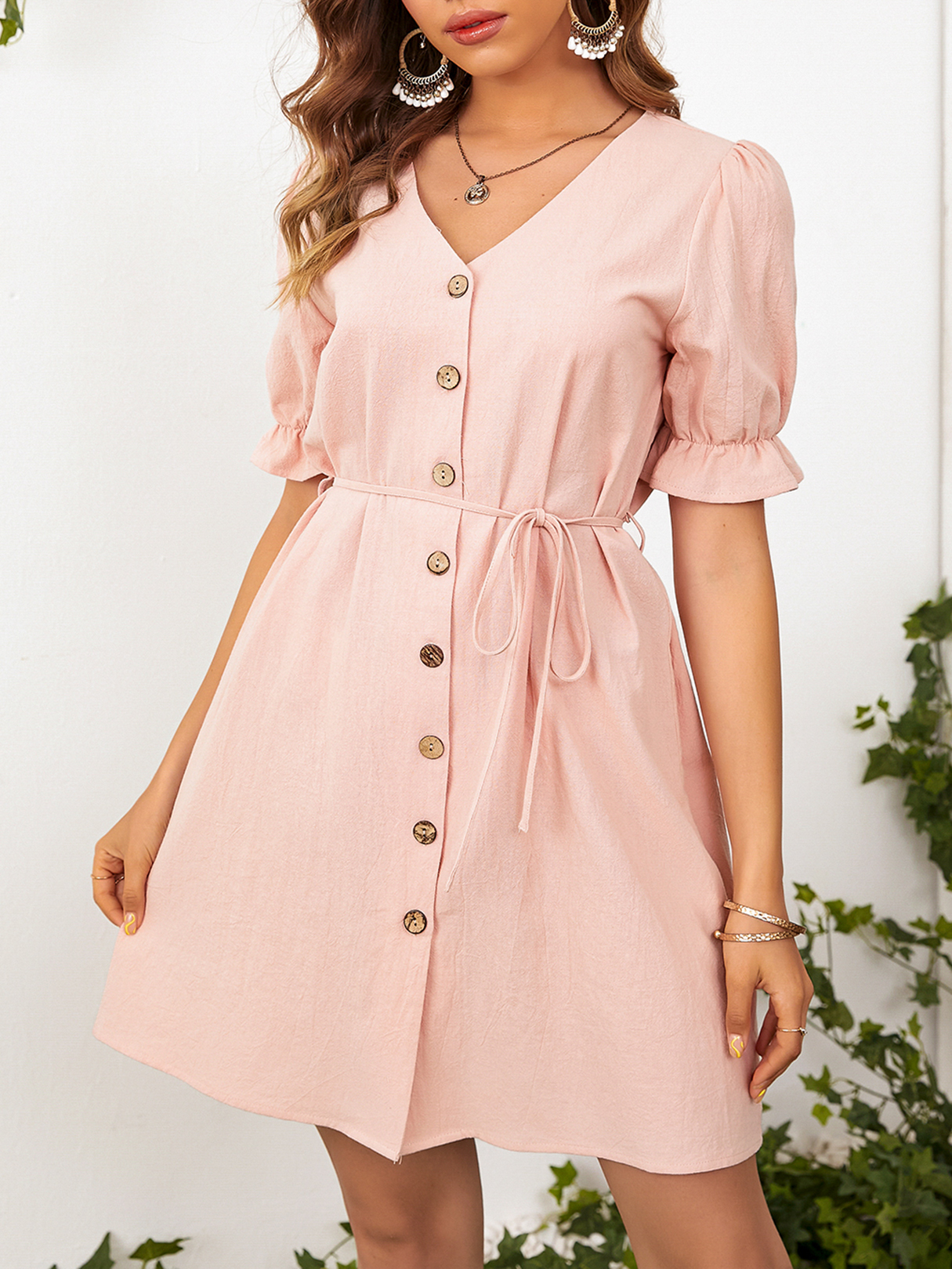 YOINS Pink V-neck Front Button Puff Sleeves Mini Dress