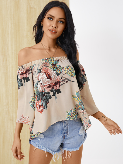 YOINS Random Floral Print Off Shoulder Slit Design Blouse