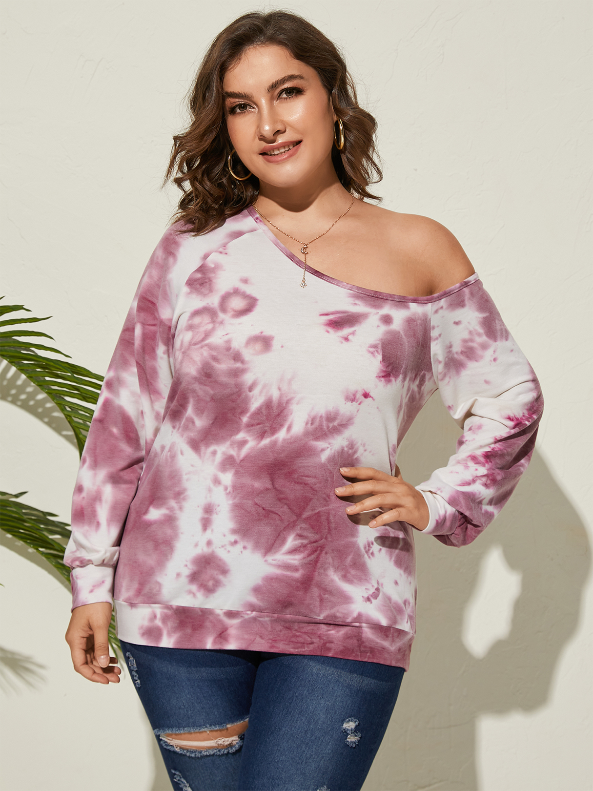 YOINS Plus Size One Shoulder Tie Dye Backless Design Long Sleeves Sweatshirt