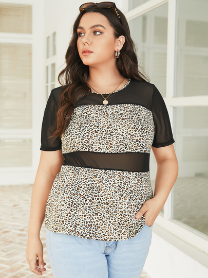 YOINS Plus Size Leopard Mesh Patchwork Short Sleeves Tee