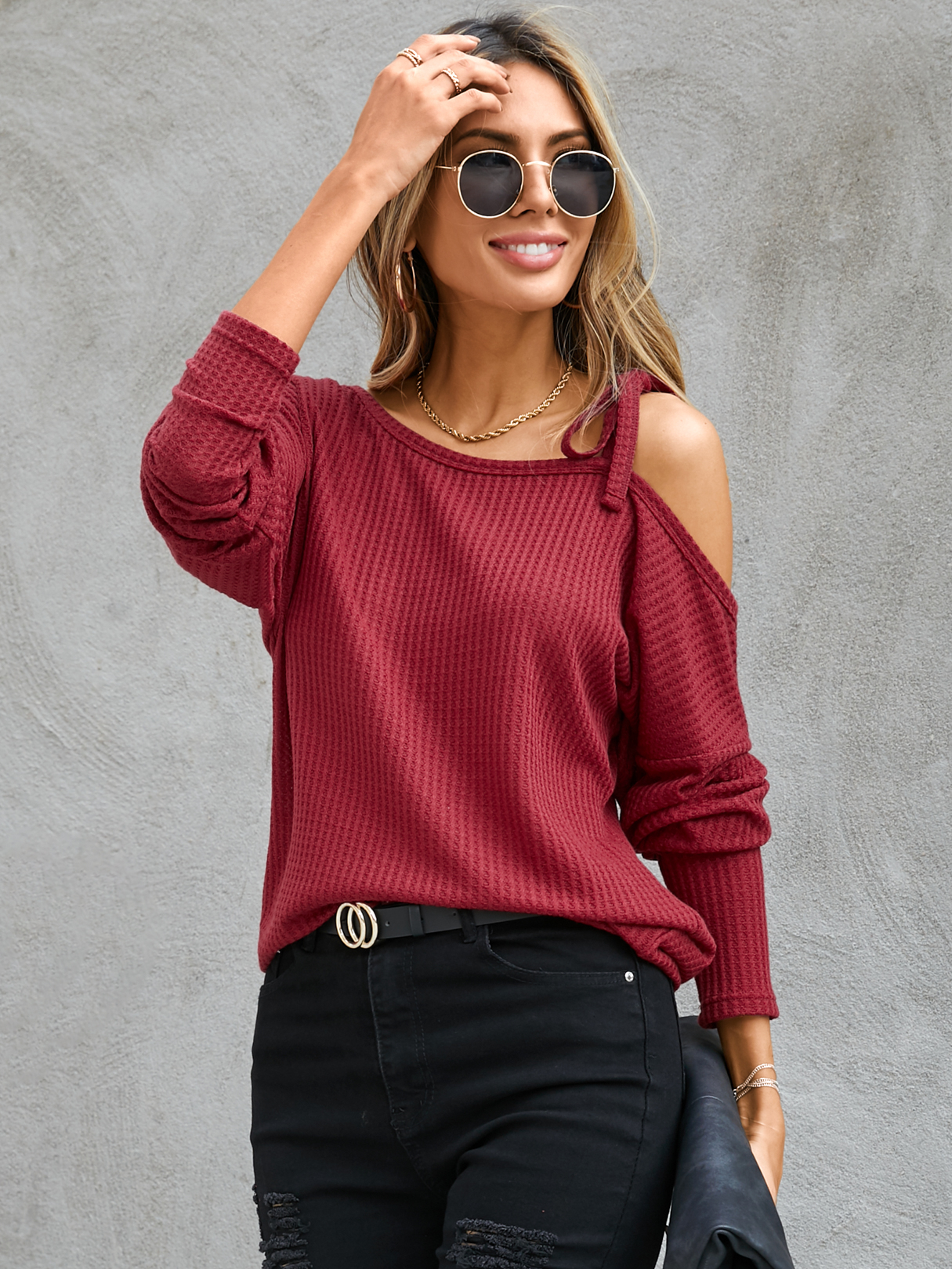 YOINS Tie-up Design One Shoulder Long Sleeves Knit Top