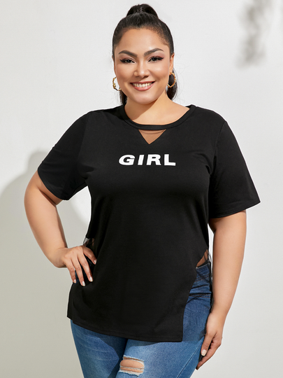 YOINS Plus Size Mesh Letter Cut Out Short Sleeves Tee