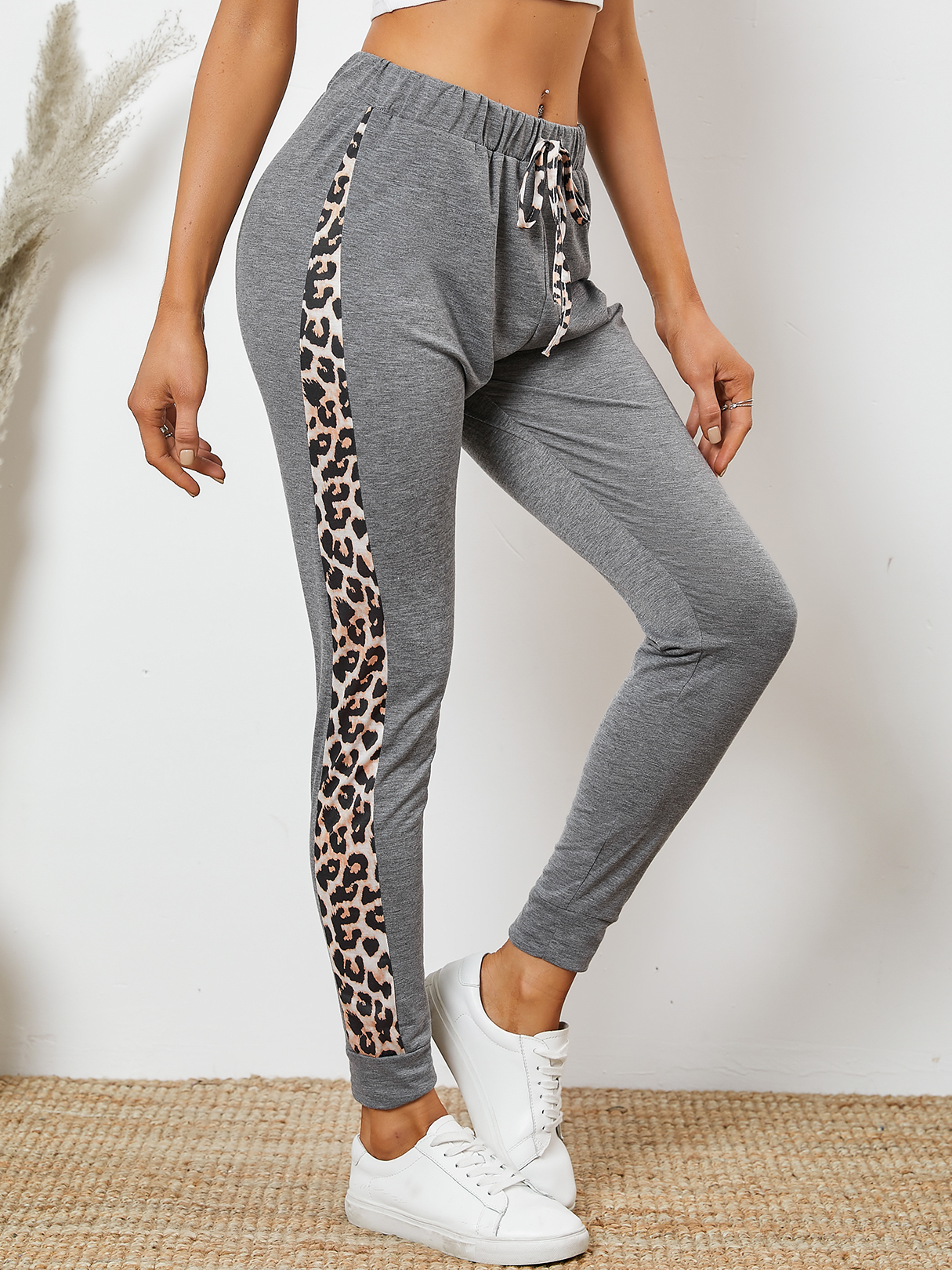 Grey Leopard Ribbon Drawstring Waist Harem Pants