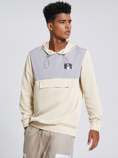Men Casual Hooded Patchwork Drawstring Jackets