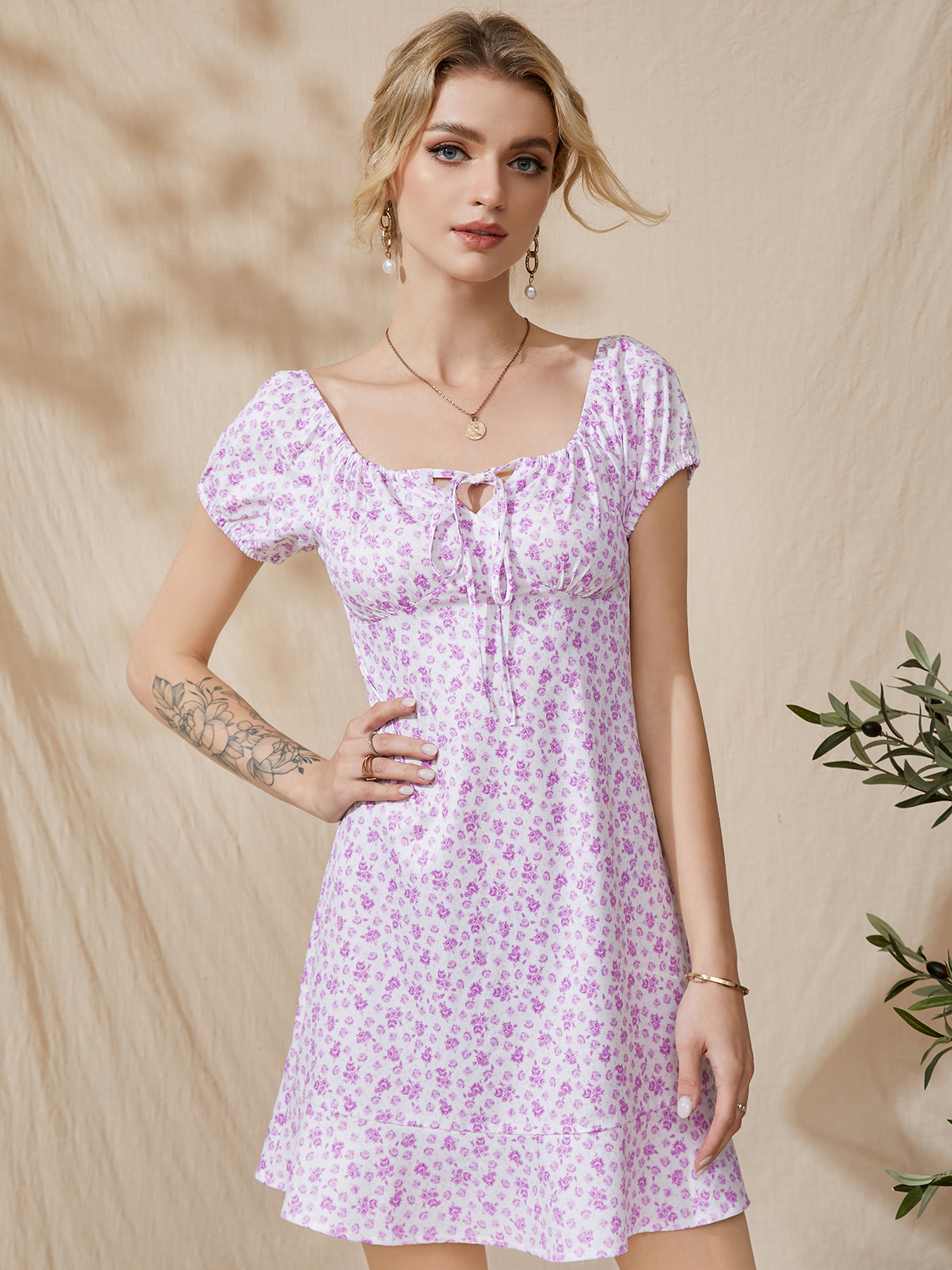 YOINS Purple Square Neck Tie-up Design Short Sleeves Mini Dress