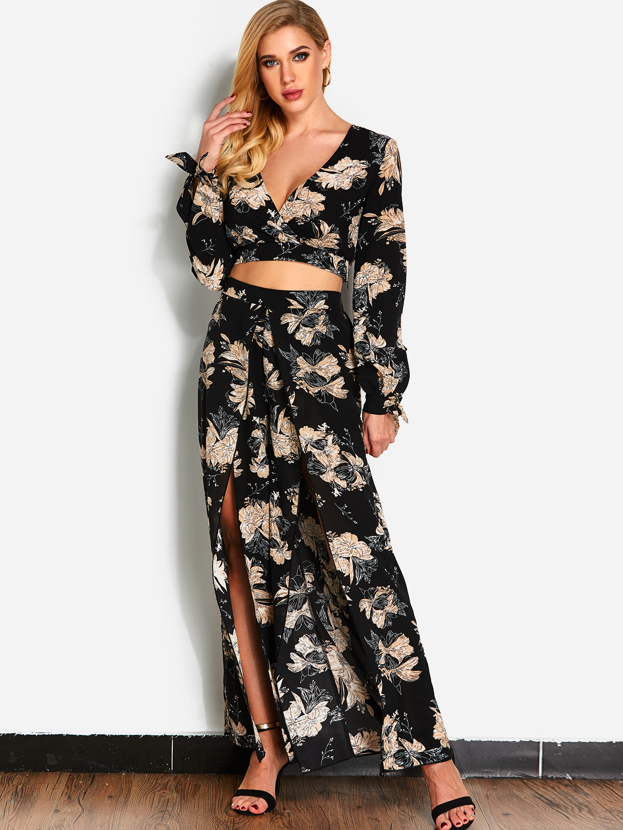 Black Random Floral Print Long Sleeves Top & Pants Set