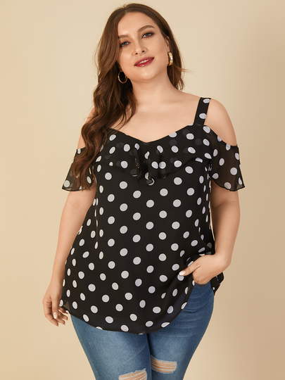 YOINS Plus Size Cold Shoulder Polka Dot Short Sleeves Blouse