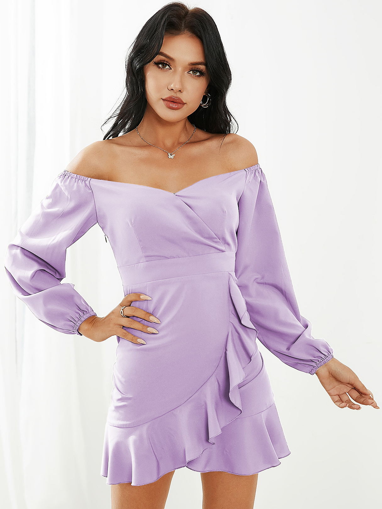 YOINS Off the shoulder Ruffle Hem Long sleeves Mini Dress