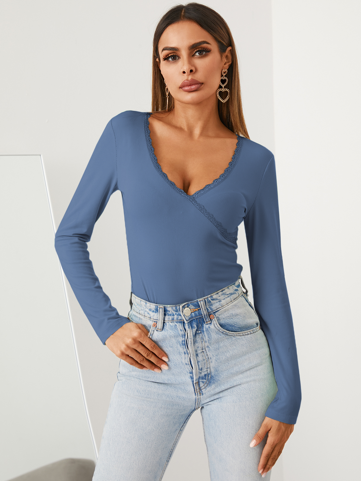 YOINS BASICS Women V-neck Sexy Plain Long Sleeves Top Tee