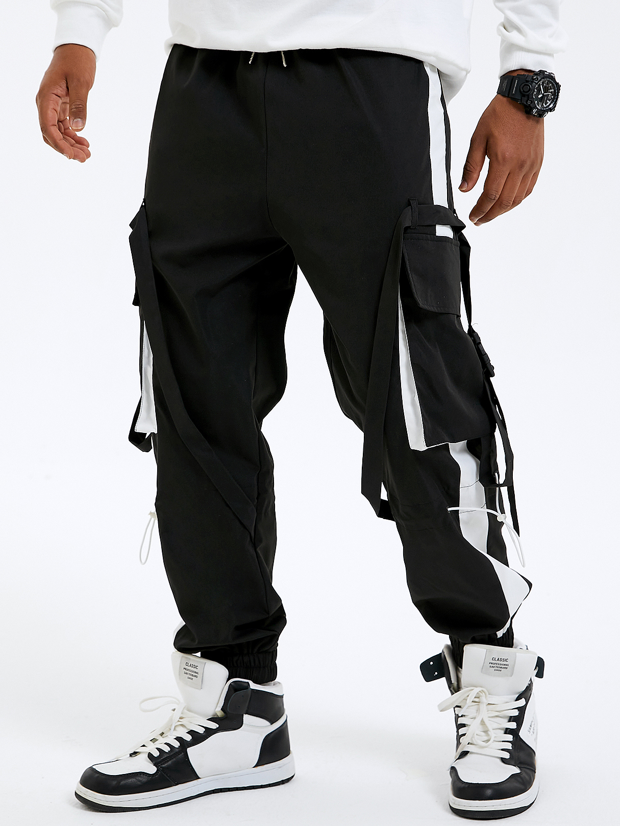 Men Color Block Ribbon Design Drawstring Cargo Pants