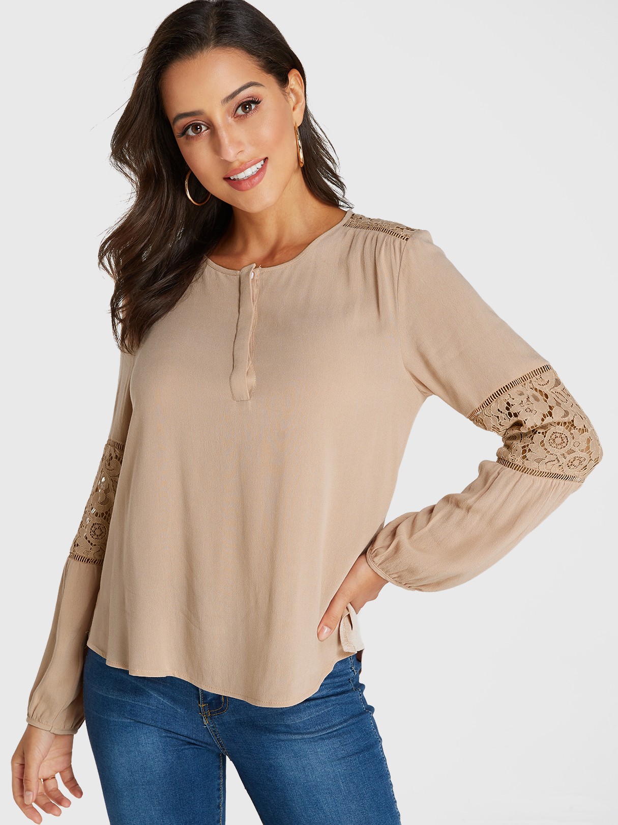 YOINS Khaki Round Neck Lace Insert Patch Design Blouse