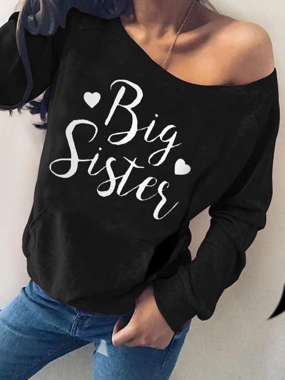 Yoins Black Letter One shoulder Pocket Design Long Sleeves Tee