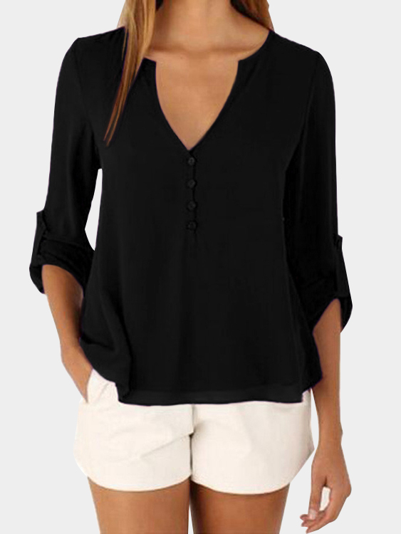 Black V-neck Long Sleeves Irregular Hem Top